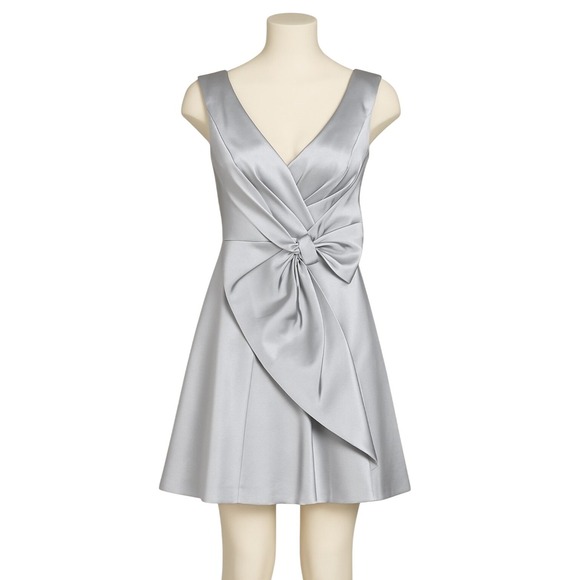 Karen Millen Dresses & Skirts - Karen Millen Silver‎ Satin V Neck Bow Front Fit Flare Dress 4 NWOT